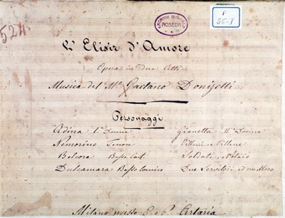 Primera página de la partitura de El elixir de amor, ópera de Gaetano Donizetti de Unknown artist