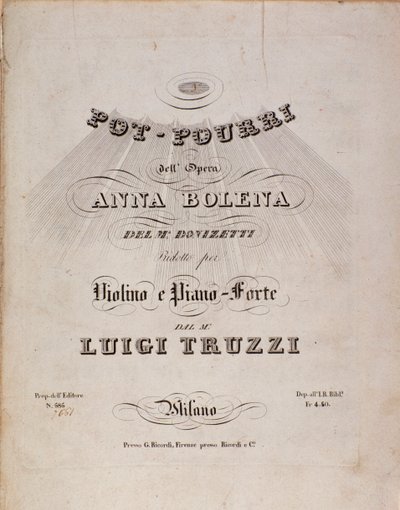 Primera página de la partitura de un popurrí de Anna Bolena, ópera de Gaetano Donizetti de Unknown artist