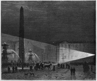 Primera experiencia pública de iluminación eléctrica realizada en París en la Place de la Concorde por Deleuil y Léon Foucault en diciembre de 1844. en “La Nature. Revue des sciences et de leurs applications aux arts et à l