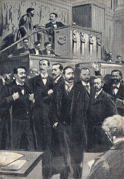 Primera sesión de la Cámara de Diputados elegida en 1898: Paul Deschanel (1855-1922), Presidente de la Cámara de Diputados. Paul Adolphe Granier de Cassagnac (1842-1904), Lucien Millevoye (1850-1918), Paul Deroulede (1846-1914), Jacques Piou (1838-1932), E de Unknown artist