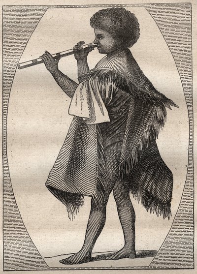 Primer viaje (1768-1771) del Capitán James Cook (1728-1779): flautista tahitiano - ilustración tomada de "Los Grandes Navegantes del siglo XVIII" de Unknown artist