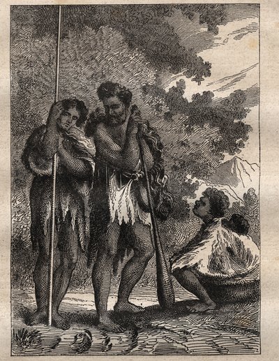 Primer viaje (1768-1771) del Capitán James Cook (1728-1779): una familia neozelandesa - ilustración tomada de "Los Grandes Marineros del siglo XVIII" de Unknown artist