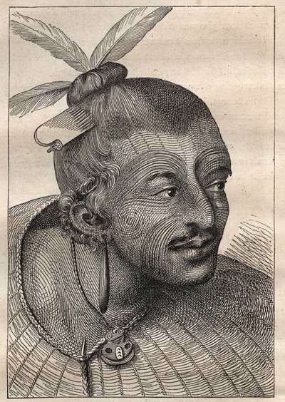 Primer viaje (1768-1771) del Capitán James Cook (1728-1779): cabeza tatuada de un neozelandés - ilustración tomada de "Los Grandes Navegantes del siglo XVIII" de Unknown artist