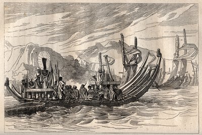 Primer viaje (1768-1771) del Capitán James Cook (1728-1779): la flota de Tahití reunida en Oparee - ilustración tomada de 