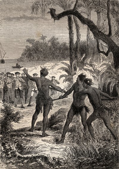 Primer viaje (1768-1771) del Capitán James Cook (1728-1779): mientras Cook y diez marineros navegan por la costa meridional de Nueva Guinea, tres indios salieron del bosque con grandes gritos - ilustración tomada de "Los Grandes Navegantes del siglo XVIII" de Unknown artist