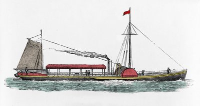 Primer viaje del barco de vapor “Clermont” por Robert Fulton (1765-1815), ingeniero estadounidense en el río Hudson, EE.UU. de Unknown artist