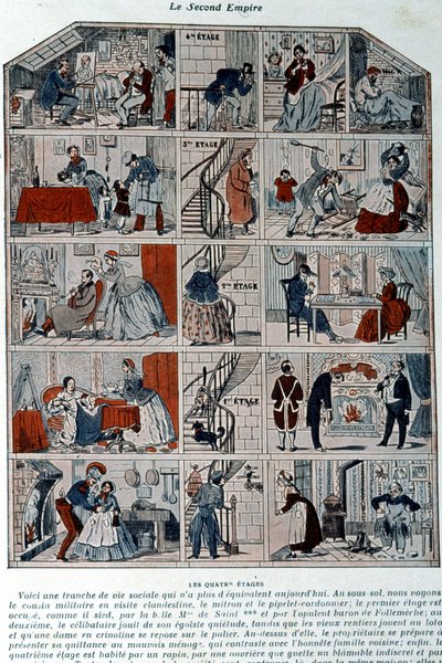 Cinco pisos que muestran las diferentes clases sociales bajo el segundo imperio. Ilustración representada como una sección transversal de un edificio parisino. de Unknown artist