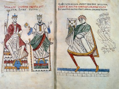 Flavio Josefo (originalmente Yossef ben Matityahu, historiador judío de habla griega (37-100) ofreciendo su libro a los emperadores Tito y Vespasiano. Miniatura tomada de “De Bello Judaico (Guerra de los Judíos)” (folio 2 y 3) de Unknown artist