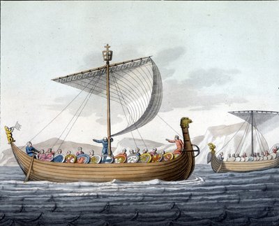 Flota de Guillermo I el Conquistador (1027 - 1087) navegando hacia Inglaterra - en "El traje antiguo y moderno" por Ferrario, ed. Milán de Unknown artist