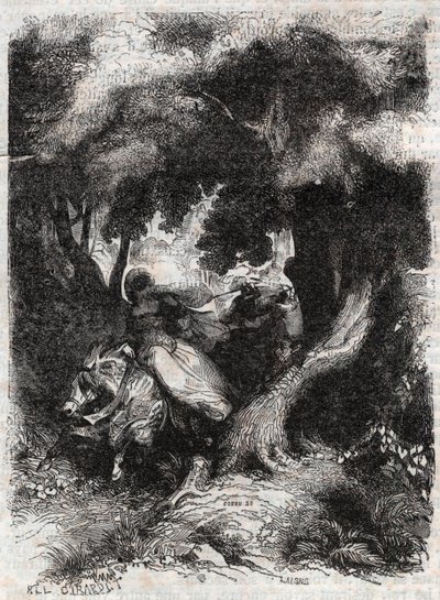 Vuelo de Angélica durante la batalla - grabado de 1851 de "Orlando furioso" (siglo XVI) de Ludovico Ariosto, conocido como el Ariosta - Edición traducida del italiano por el Conde de Tressan y publicada por Gustave Harvard de Unknown artist