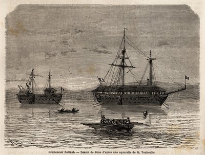 Penitenciarios flotantes de la Guayana Francesa, una colonia dedicada a la cautividad de aquellos que tomaron los tribunales y los hombres que tuvieron que quedarse. Grabado para ilustrar el viaje a la Guayana Francesa en 1862-1863, por Frederic Bouyer, ca de Unknown artist