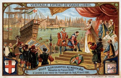 Ciudades florecientes de la Edad Media: recepción de Francis Drake (1542-1596) en Londres (Inglaterra), a su regreso de Sudamérica, 4 de abril de Unknown artist