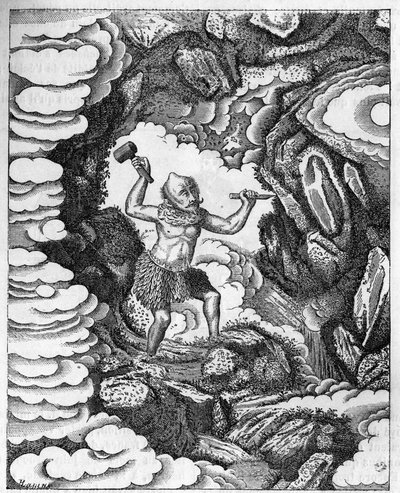 Formación de los mundos: el dios chino Pan-Kou-Che tallando la corteza de la tierra. Grabado en "El diario de la juventud" de Unknown artist