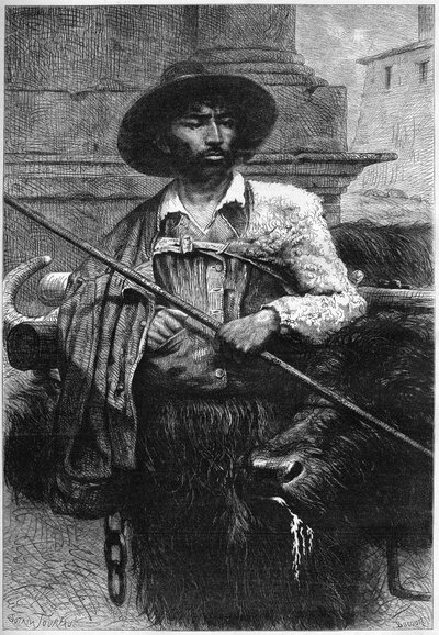 Antiguo agricultor: conductor de búfalos (cría de búfalos para mozzarella). Grabado en “El Mundo Ilustrado”. de Unknown artist