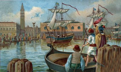 Antiguos centros comerciales: regreso de una flota veneciana a Venecia en el siglo XIX. Cromolitografía de finales del siglo XIX de Unknown artist