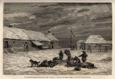 Fuerte Saint-Michel (Saint Michel), posesión inglesa en ese momento, en el Golfo de Norton. Grabado para ilustrar el viaje y aventuras en la Colombia inglesa, la Isla de Vancouver y Alaska, por Frederick Whymper de Unknown artist