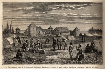 Fuerte Youkon, en el Golfo de Norton, Alaska, fundado en 1847, un establecimiento de la Compañía de la Bahía de Hudson, indios acampados alrededor de las empalizadas. Grabado para ilustrar el viaje y aventuras en la Colombia Inglesa, la Isla de Vancouver y de Unknown artist