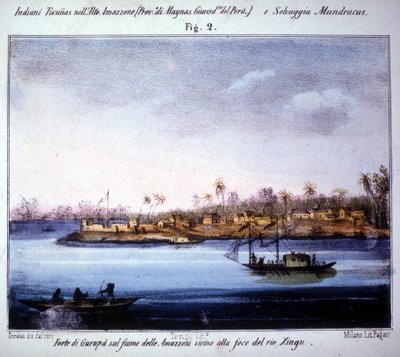 Fortaleza de Gurupá en el río Amazonas, cerca de la desembocadura del río Xingu en Ecuador. Grabado de 1846 - 1848. de Unknown artist