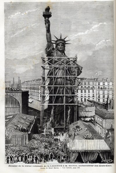 Francia, París, Entrega de la Estatua de la Libertad al embajador de Estados Unidos - Embalaje de la estatua de la Libertad hecha por Frédéric Auguste Bartholdi (1834-1904) en andamios para transportarla de París a América de Unknown artist
