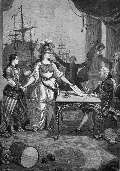 Francia aliada - El rey (Luis XVI) solo tenía que firmar: el 6 de febrero de 1778 se firmó el tratado de amistad y comercio entre Francia y la colonia rebelde de América del Norte, que obligaba a Francia a garantizar la independencia de los Estados Unidos  de Unknown artist