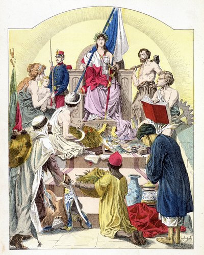 Francia, bajo los rasgos de Marianne, rodeada por sus colonias personificadas - en “Histoire de France”, por E. Grobet, c. 1915 de Unknown artist