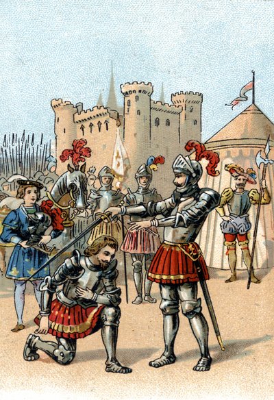 Francisco I de Francia solicitando ser armado caballero por el Caballero Bayard después de la victoria en la Batalla de Marignano, Italia. de Unknown artist