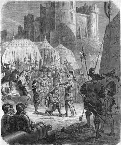 Francisco I de Francia solicitando ser armado caballero por el Caballero Bayard tras la victoria en la batalla de Marignano, Italia de Unknown artist