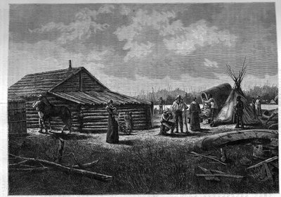 Pueblo mestizo franco-canadiense en Canadá. Grabado en "Le journal de la jeunesse" de Unknown artist