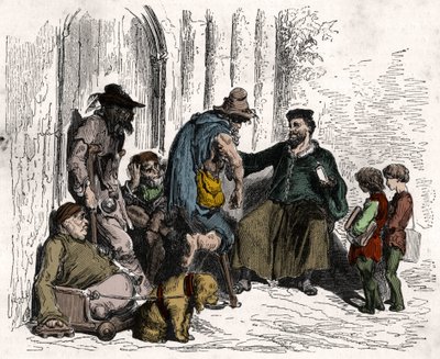 François Rabelais (1494-1553), cura para discapacidades. Grabado de 1880 en "La república ilustrada" colección privada. de Unknown artist