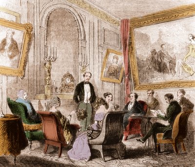 François René de Chateaubriand (1768-1848), escritor y político francés, leyendo las “Memorias de Ultratumba” en el salón de Madame Recamier en Abbey-au-Bois, rue de Sevres, París - Grabado de Unknown artist