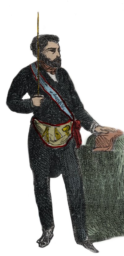 Masonería - Traje de un masón para su recepción en el grado de Maestro - Francmasonería: Atuendo de francmasón (Delantal) Grabado de 1879 en 