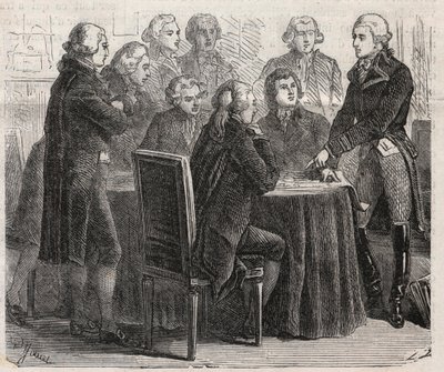 Revolución Francesa: el Conde Louis Marie de Narbonne-Lara (1755-1813) mostrando sus planes en los comités de la asamblea - Grabado en “El Mundo Ilustre” de Unknown artist