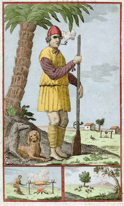 Bucanero francés de Santo Domingo (Haití). Grabado en “Histoire des Aventuriers Flibustiers et Boucaniers Signales Dans Les Indes” de Alexandre Olivier Exquemelin (1645-1710) de Unknown artist