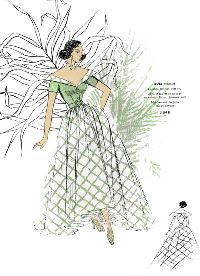 Moda francesa, diseño de vestidos de baile para finales de los años 40. de Unknown artist