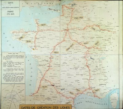 Mapa geográfico francés mostrando líneas telegráficas aéreas. Principios del siglo XIX. París, Museo de la Poste de Unknown artist