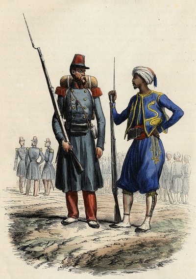Uniforme militar francés: A la izquierda, una legión extranjera formada y enviada a Argelia en 1831. A la derecha, jinetes indígenas, entrenados y enviados a Argelia en 1841. En L