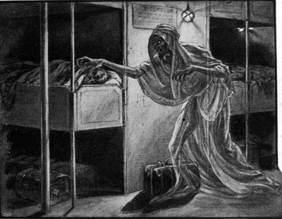 Propaganda francesa contra la epidemia de gripe española tiene su punto de partida: la enfermedad se representa alegóricamente como una figura preocupante que se acerca a una persona dormida en el dormitorio de un barco de migrantes de Unknown artist