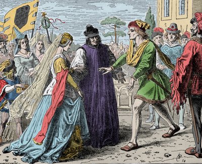 Recepción de Leonor por Federico - Federico III (Federico V de Habsburgo) (1415-1493), emperador romano recibe a Leonor de Portugal (1434-1467) de Unknown artist
