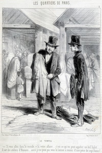 Fripier del distrito del templo en París tratando de vender ropa a un hombre. Grabado del siglo XIX. de Unknown artist