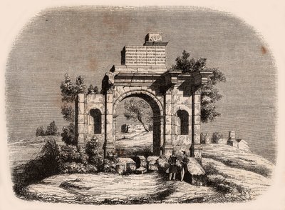 Vista frontal del arco romano de Djemilah en Argelia: dos soldados franceses posando frente a las ruinas de Unknown