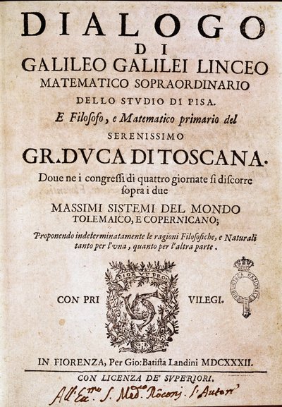 Frontispicio de "Diálogo sobre los dos máximos sistemas del mundo" encargado por el Papa Urbano VIII al astrónomo y físico Galileo Galilei alrededor de 1620 y publicado en 1632 de Unknown artist