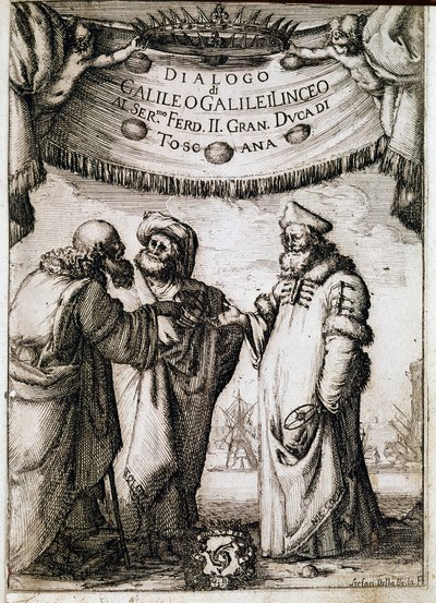Frontispicio de Diálogo sobre los dos máximos sistemas del mundo encargado por el Papa Urbano VIII al astrónomo y físico Galileo Galilei alrededor de 1620 y publicado en 1632 de Unknown artist