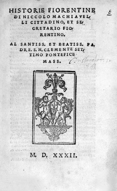 Frontispicio de “Historie Fiorentine di Niccolo (di Bernardo dei) Machiavelli de Unknown artist