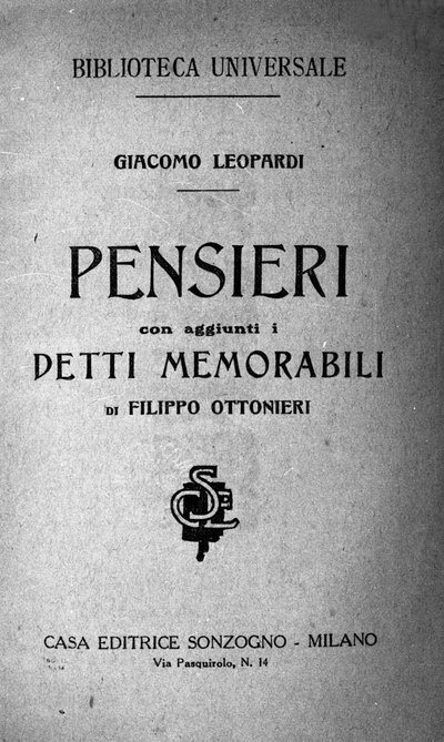 Frontispicio de “Pensieri” (Pensamientos) del poeta italiano Giacomo Leopardi (1798 - 1837) siglo XIX de Unknown artist