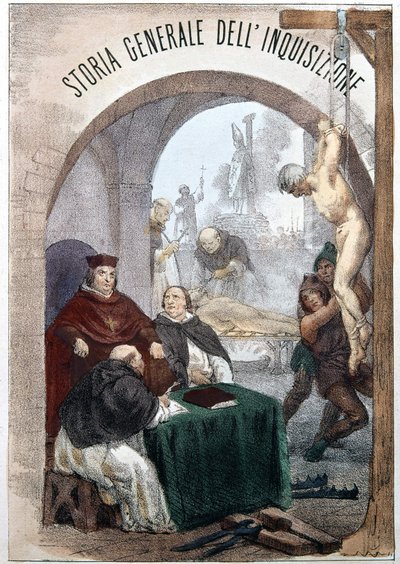 Frontispicio de La Historia General de la Inquisición por Pietro Tamburini con una ilustración que representa escenas de la inquisición simbólica. Milán 1850 de Unknown artist
