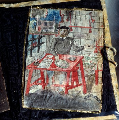 Frontispicio de la colección de poemas del poeta portugués Luis Vaz de Camoes, conocido como los Camoens (1525-1580). El poeta está allí encarcelado de Unknown artist