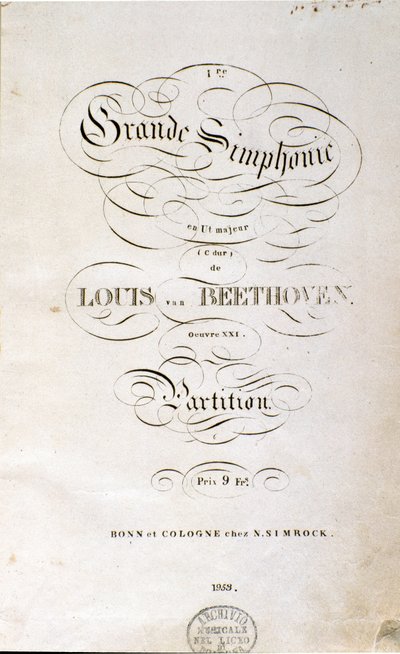 Frontispicio de la primera edición alemana de la partitura de la Sinfonía n. 1 en Do mayor del compositor alemán Ludwig van Beethoven (1799-1800). Bonn. de Unknown artist