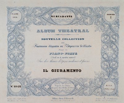 Frontispicio de la ópera Il Giuramento, por Mercadante (1837) de Unknown artist