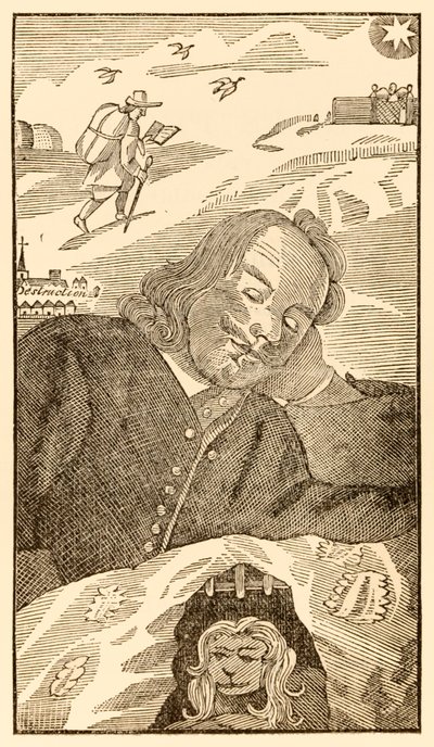 Frontispicio de El progreso del peregrino de este mundo, al que está por venir de John Bunyan (1628-1688) mostrando al autor soñando con el peregrino cristiano cargado con el conocimiento de su pecado de Unknown