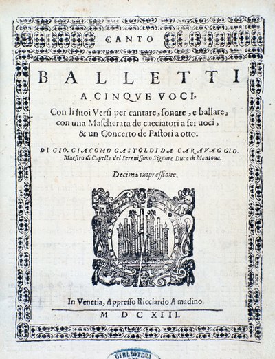 Portada de Balletti para cinco voces de Giovanni Giacomo Gastoldi de Unknown artist
